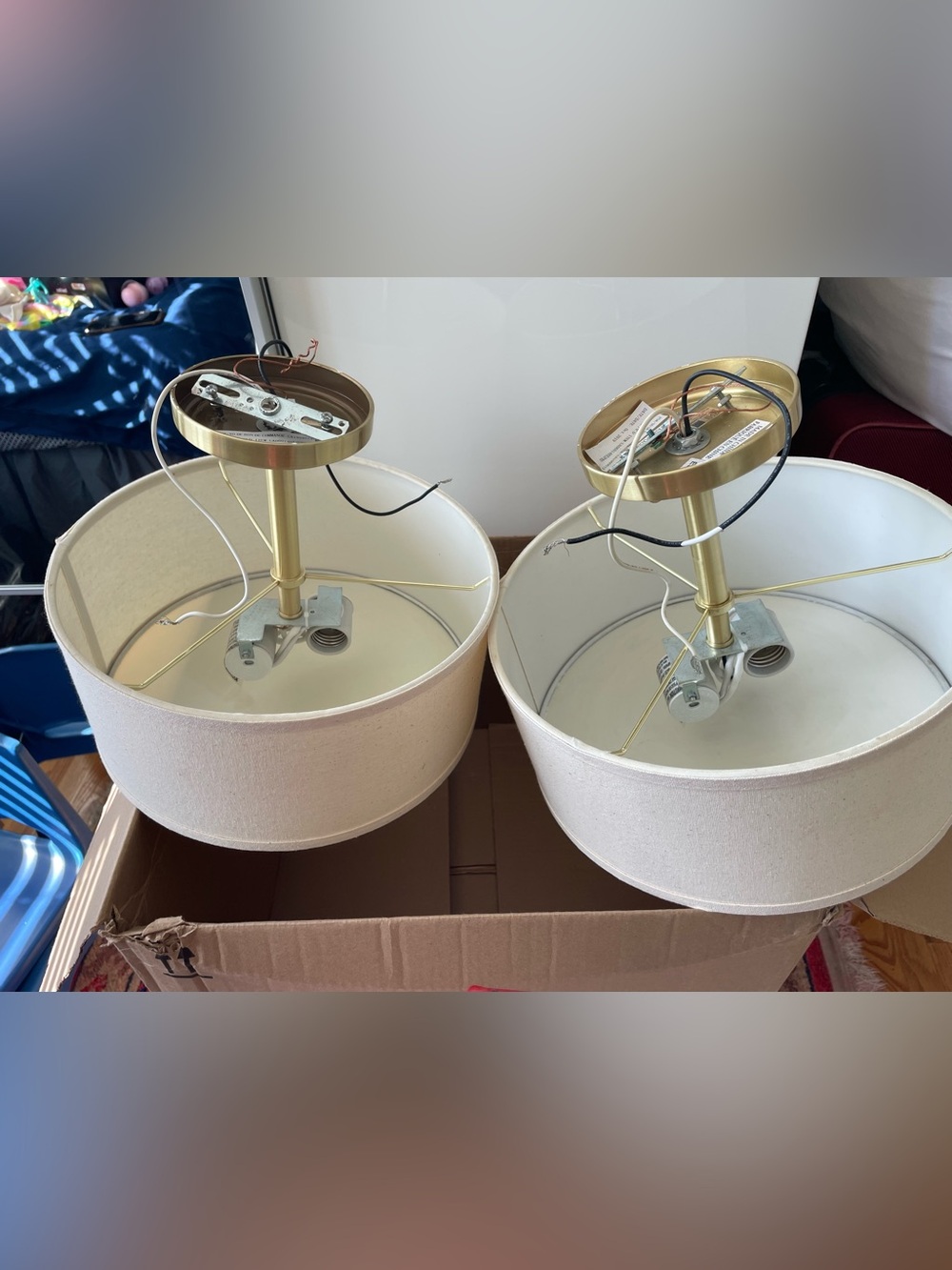 Pair of Brass Ceiling Light Fixtures with Cream Drum Shades